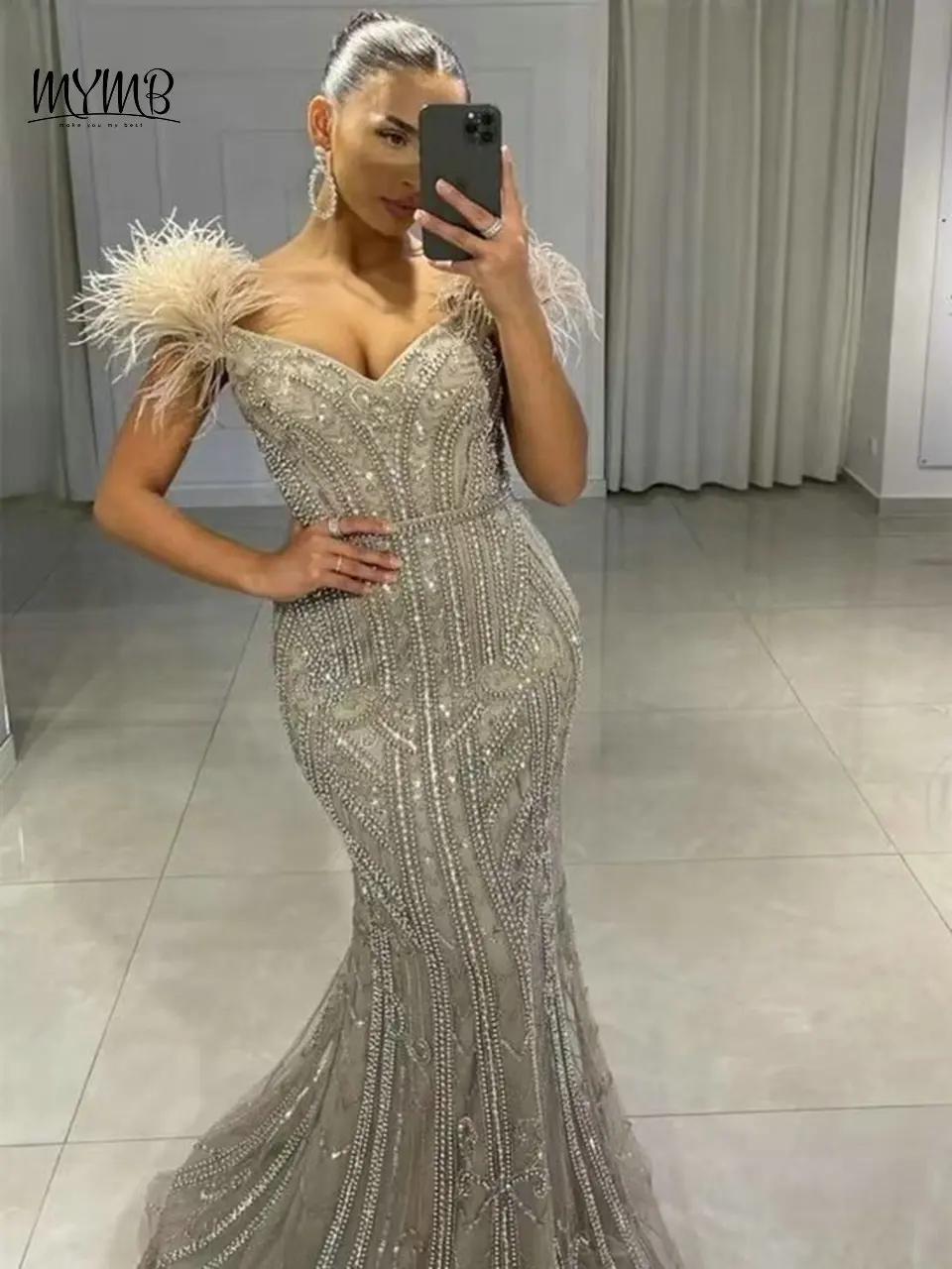 MYMB Sexy V Neck Sleeveless Caramel Evening Dress for Wedding Party Gorgerous Beaded Feathers Mermaid Dubai Formal Gown DSL62321