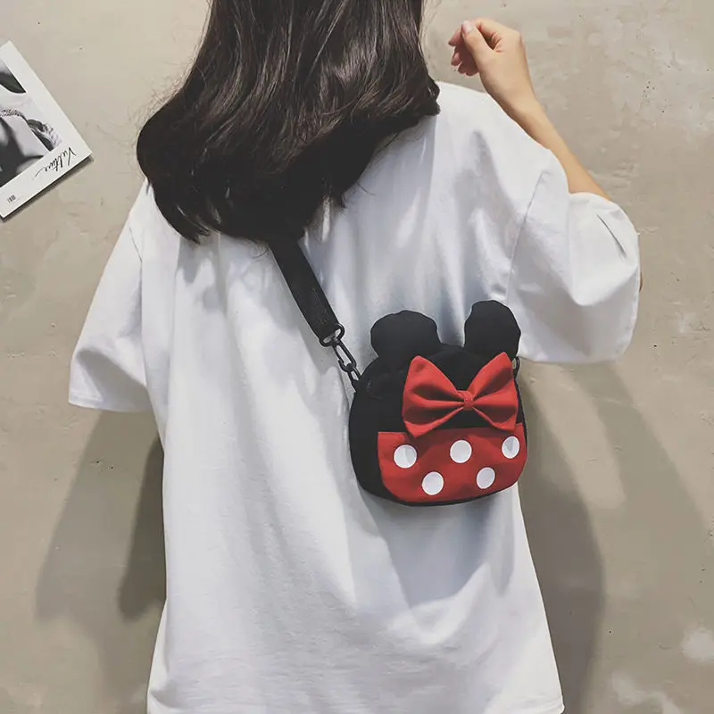 MINISO Disney 2023 New Cute Canvas Cartoon Mickey Minnie Small Bag Shoulder Messenger Bag Girls Coin Purse Hand Bags for Women