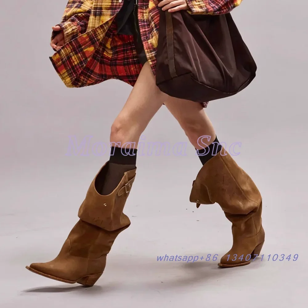 2026 جديد أشار تو حزام مشبك حذاء برقبة للركبة عمود كبير سحاب معدني ديكور كتلة صندل بكعب مكتنز موضة المدرج المرأة التمهيد الطويل #3