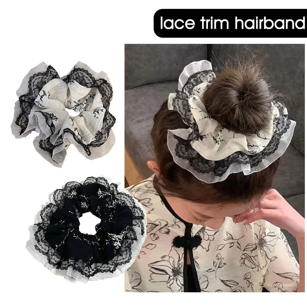 Sweet Girls Lace Trim Jacquard Fabric Scrunchies Ponytail Holder Hair Ties Elastic Hair Rope For Women Girls Hair Accessori M9O1