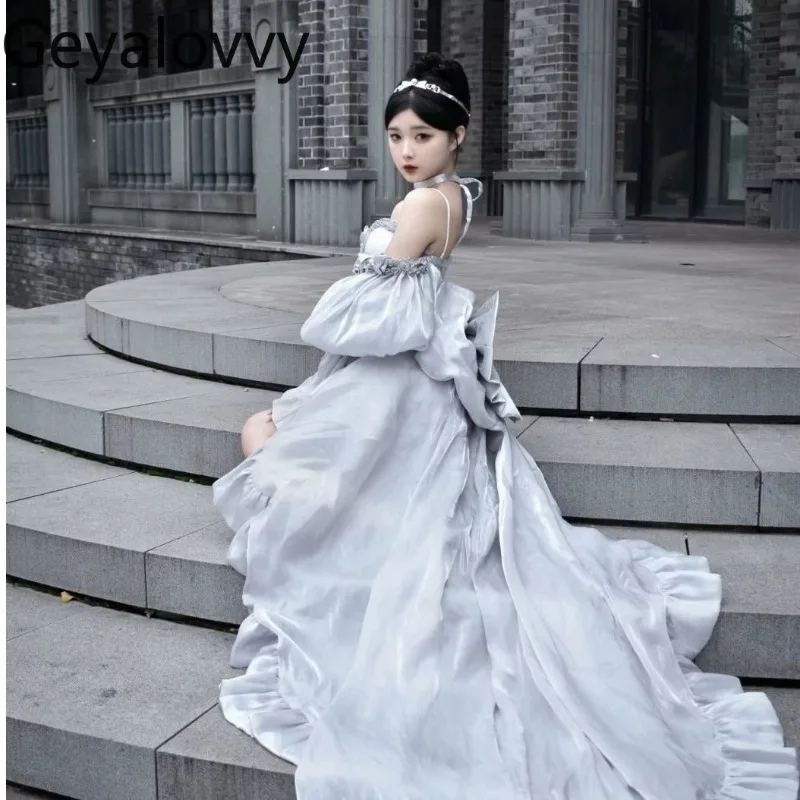 

Summer Premium Tube Top Bow Slimming Sling Crop Top Birthday French High Waist Fluffy Princess Short Skirt Trailing Set