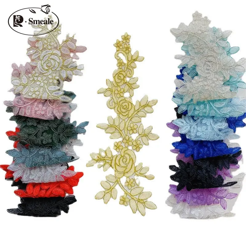 Ręcznie robiona haftowana aplikacja, kwiaty lustrzane, biżuteria DIY, akcesoria do sukni ślubnej, 10 sztuk, 5 par, 19 kolorów, RS2460