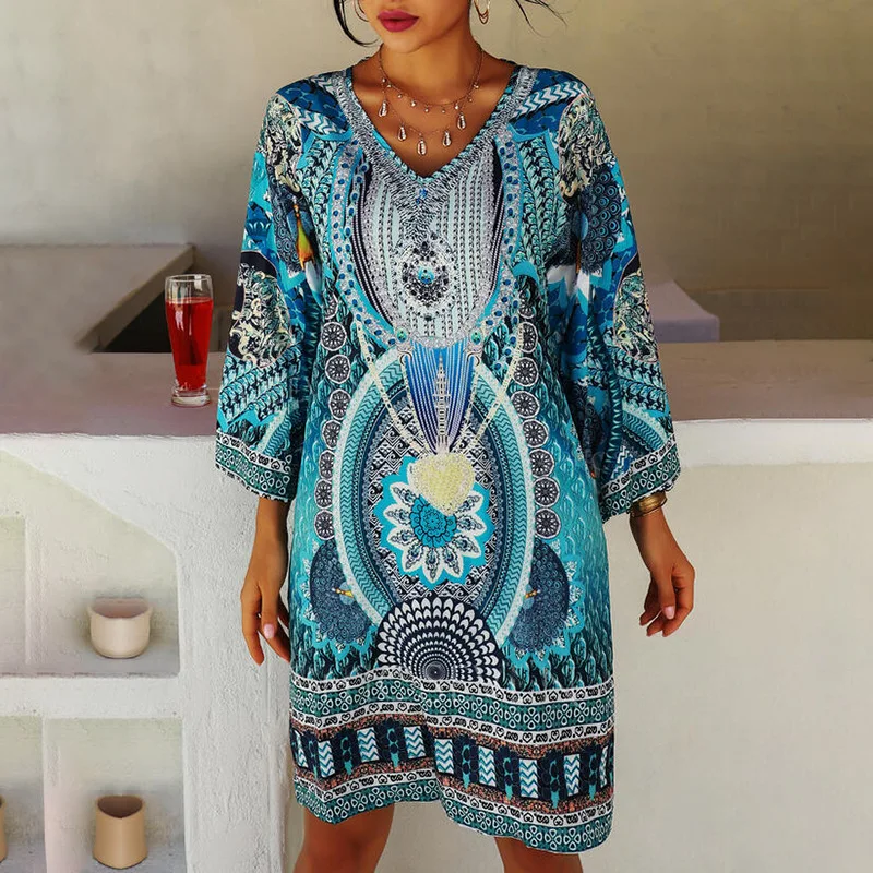 Plus size  Beach Cover up 2022 Robe Plage Sarong Swimsuit cover up Fashion Print Mujer Beachwear Bathing suit Women Maxi Dress