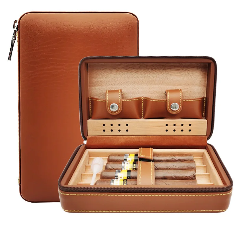 Portable Cedar Wood Cigar Humidor Box Travel no logo Leather Cigar Case Storage 4 Cigars Box Humidor Humidifier For Sigar