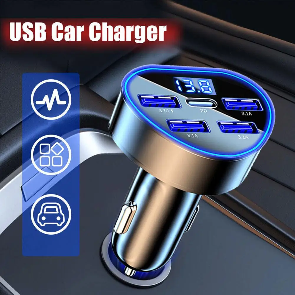 66w Car Charger Pd Qc3.0 Fast Charging Adapter With 5 Ports For Usb Type C Cigarette Lighter Charger R5b7