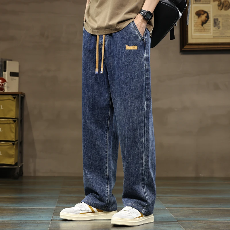 Jean ample à jambes droites pour hommes, bleu et gris, avec cordon de serrage, Streetwear décontracté, large, en Denim, Baggy, élégant, Harajuku, Y2K