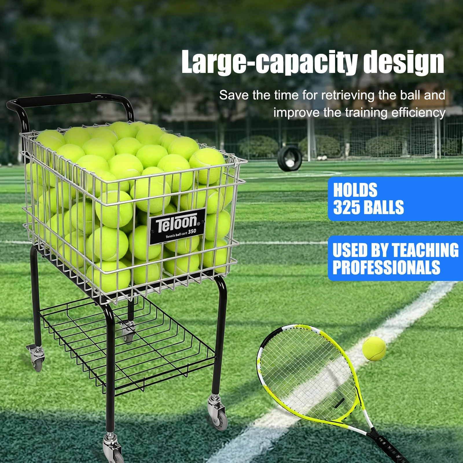 

Foldable Tennis Cart with Wheel Wheeled Tennis Ball Hopper Holds 350 Balls Basket Carrier Gatherer Picker Hopper Container