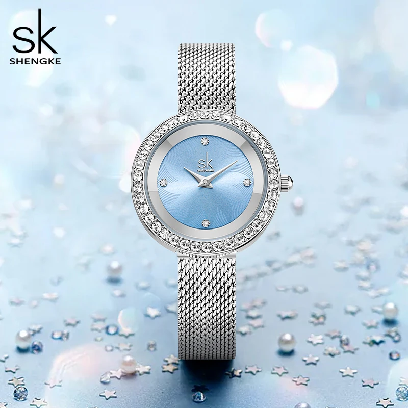 Shengke Top Luxe Merk Vrouw Horloges Diamond Blue Sky Vrouwen Quartz Horloges Originele Ontwerp Mesh Band Dames Klok