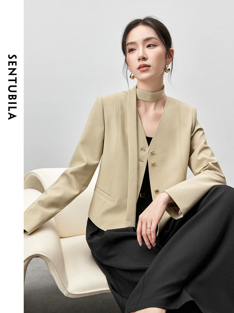

SENTUBILA V Neck Ribbons Cropped Blazer Jackets for Women 2025 Fall Fashion Pad Shoulder Coat Woman Autumn Clothing 143W55906