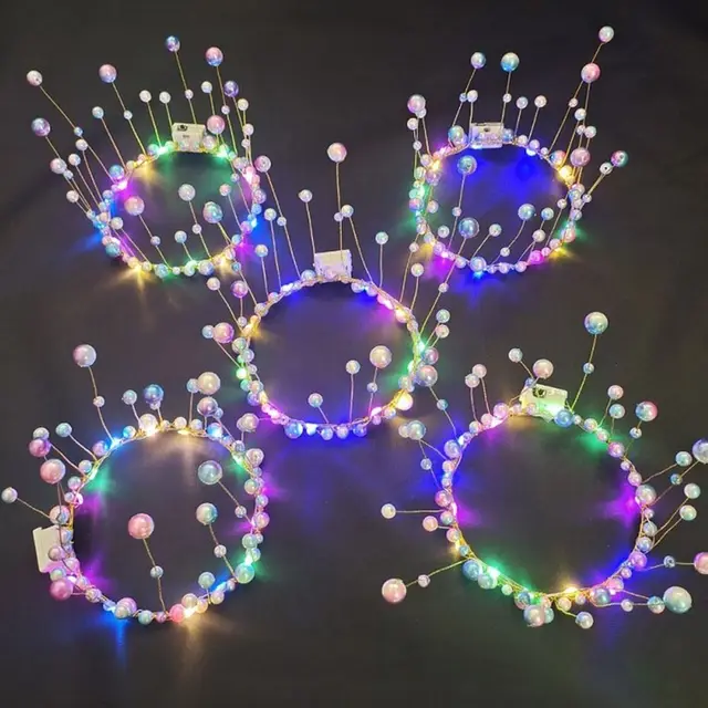 Dziewczyny ślub Luminous Hairband perła korona światło w kształcie kwiatów Up pałąk dekorację na imprezę świąteczną świecące wieniec LED