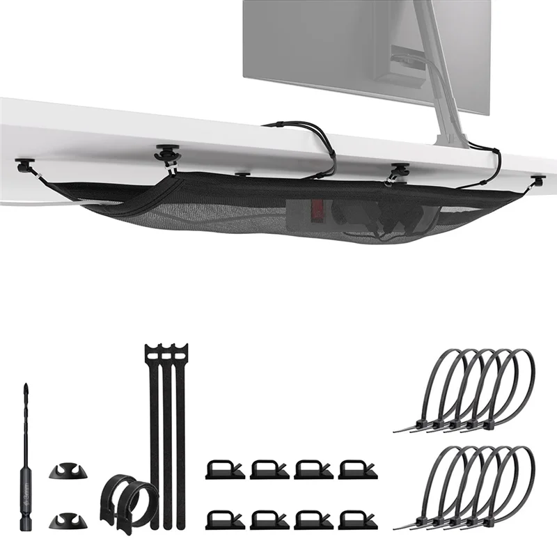 Under Desk Wire Management -Cable Management Net - Flexible Under Desk Cable Management Tray Black