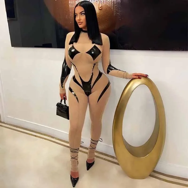 

Sexy Mesh Spliced See Through Skinny Jumpsuit Women Autumn Winter 2023 Long Sleeve High Waist Night Club Bar Spicy Girls Rompers