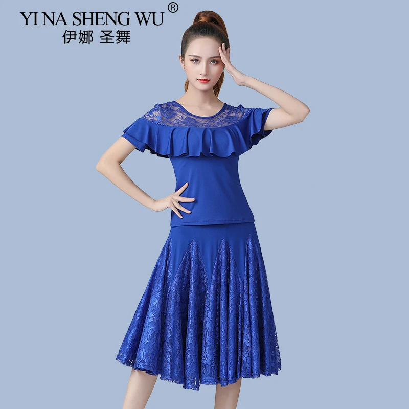 Nowy strój do tańca latynoamerykańskiego Koronkowy krótki rękaw Sukienka do tańca towarzyskiego Trójkrokowy strój do tańca Strój do występów tanecznych Zestaw 2-częściowy Top Spódnica