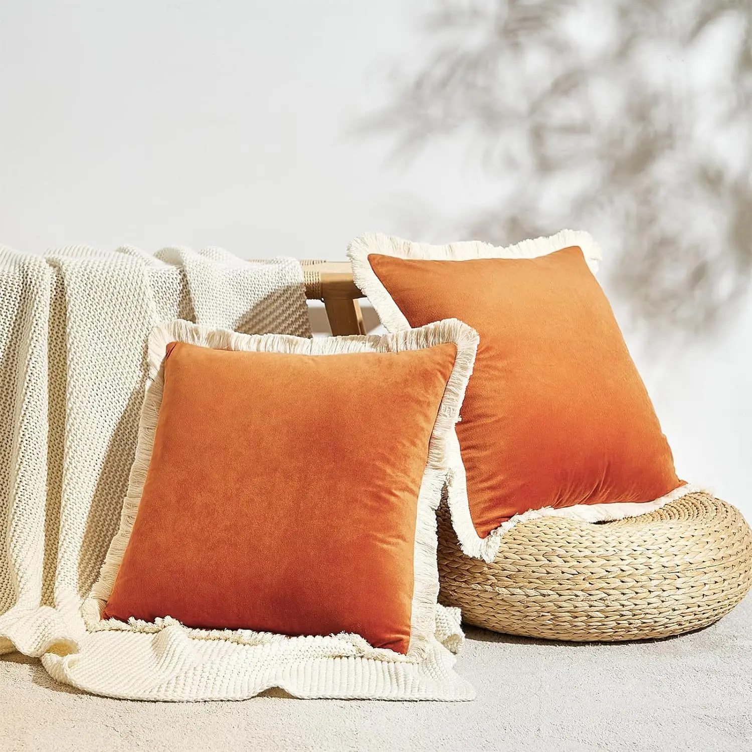 Soft Velvet Decoration Pillow Cover, Orange, Ivory, Forest Green, Yellow Tassels, Fringed, 18x18inch, 20x20inch, 24x24inch