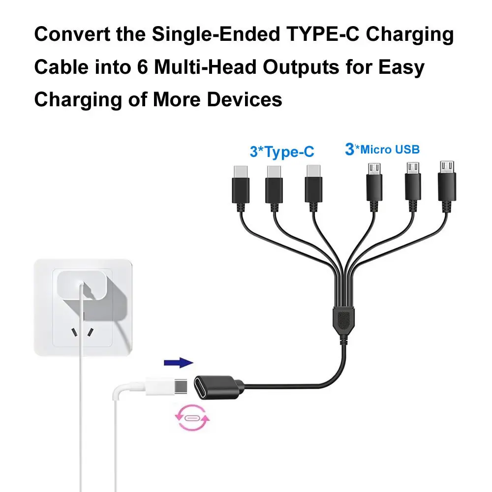 1 to 6 Type C/Micro USB Multi Charing Cable, USB C Female to Type C/Micro USB Male Splitter Adapter Cable Extension Cable 5V 3A