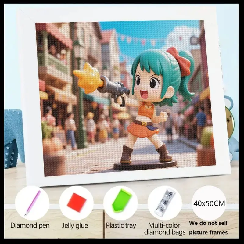 

1PC 5D DIY Full Drill Diamond Painting Kit, Cute Chibi Anime Cartoon Girl Character Action Scene Diamond Art, Sparkling Big Gem