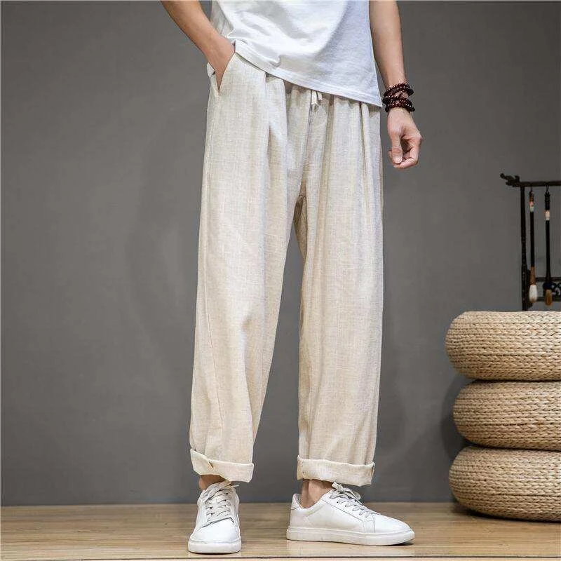

Cotton Linen Men's Casual Pants High Waist Straight Leg Spring Autumn Loose Wide Leg Sports Trousers Comfortable Long Trousers