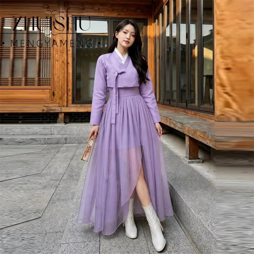 Korean Hanbok Women 2 Piece Set Light Purple Long Sleeve Traditional Korea Wedding Photo Shoot Party Outfit Customized