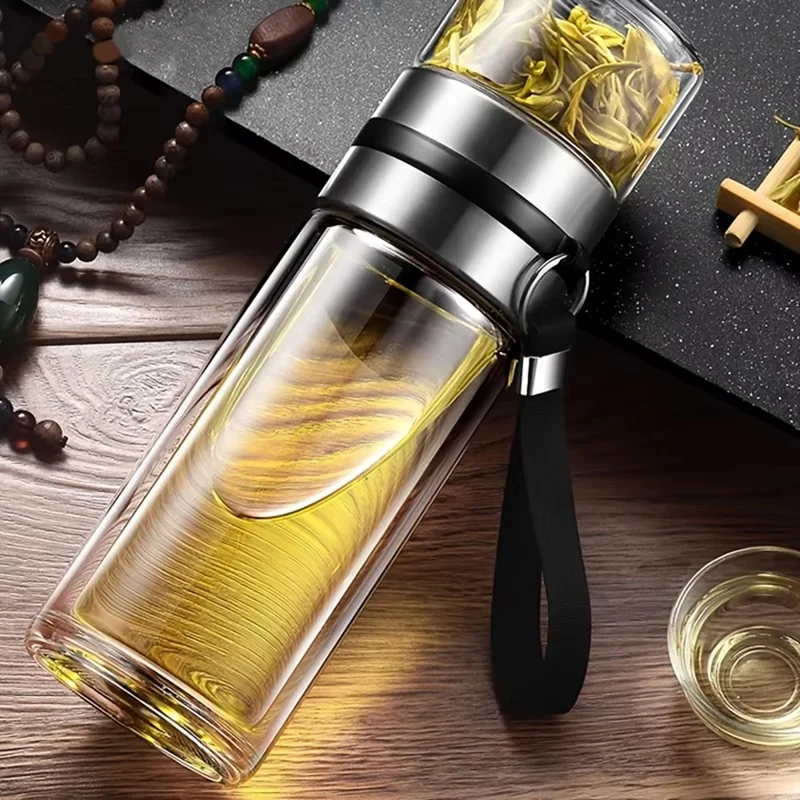 Tea Infuser Bottle, 450ml Double Wall Glass Tea Infuser Bottle Leakage Proof Travel Portable Water Separation Tea Bottle