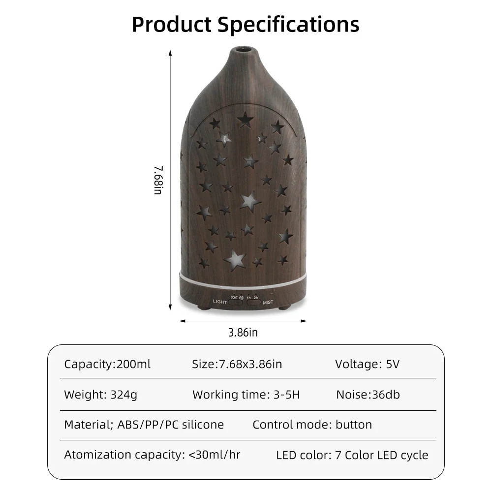 موزع روائح الزيوت العطرية المجوفة على شكل نجمة ومرطب الهواء مع 7 ألوان إضاءة ليلية مهدئة، آلة الروائح الصامتة للرذاذ للسبا