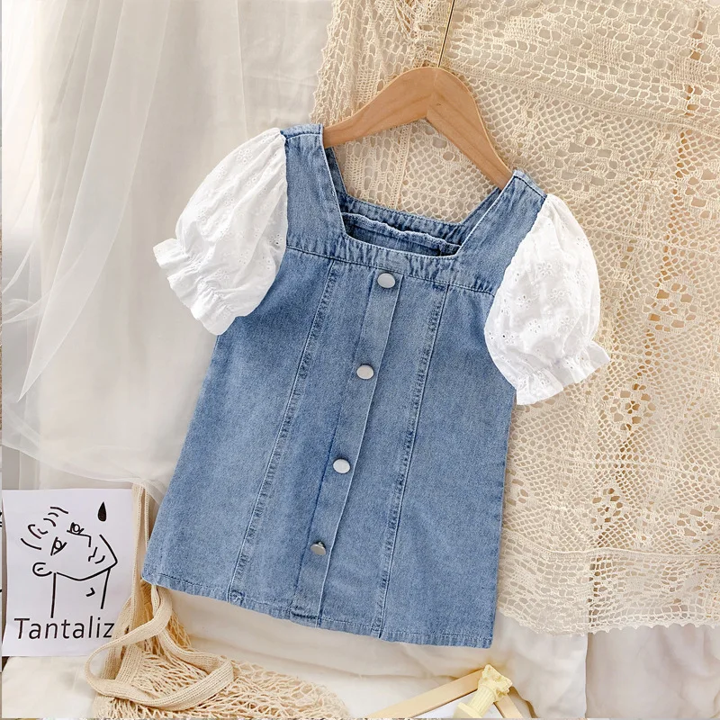 

2024New Girls' Summer Stitching Denim Dress Puff Sleeve Denim Skirt Trendy Kids' Skirt