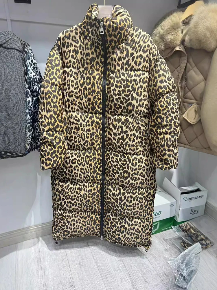 Leopard Print Loose Cotton Padded Jacket Women Casual Stand Collar Long Parkas Coat 2024 Winter Warm Y2K Top Streetwear