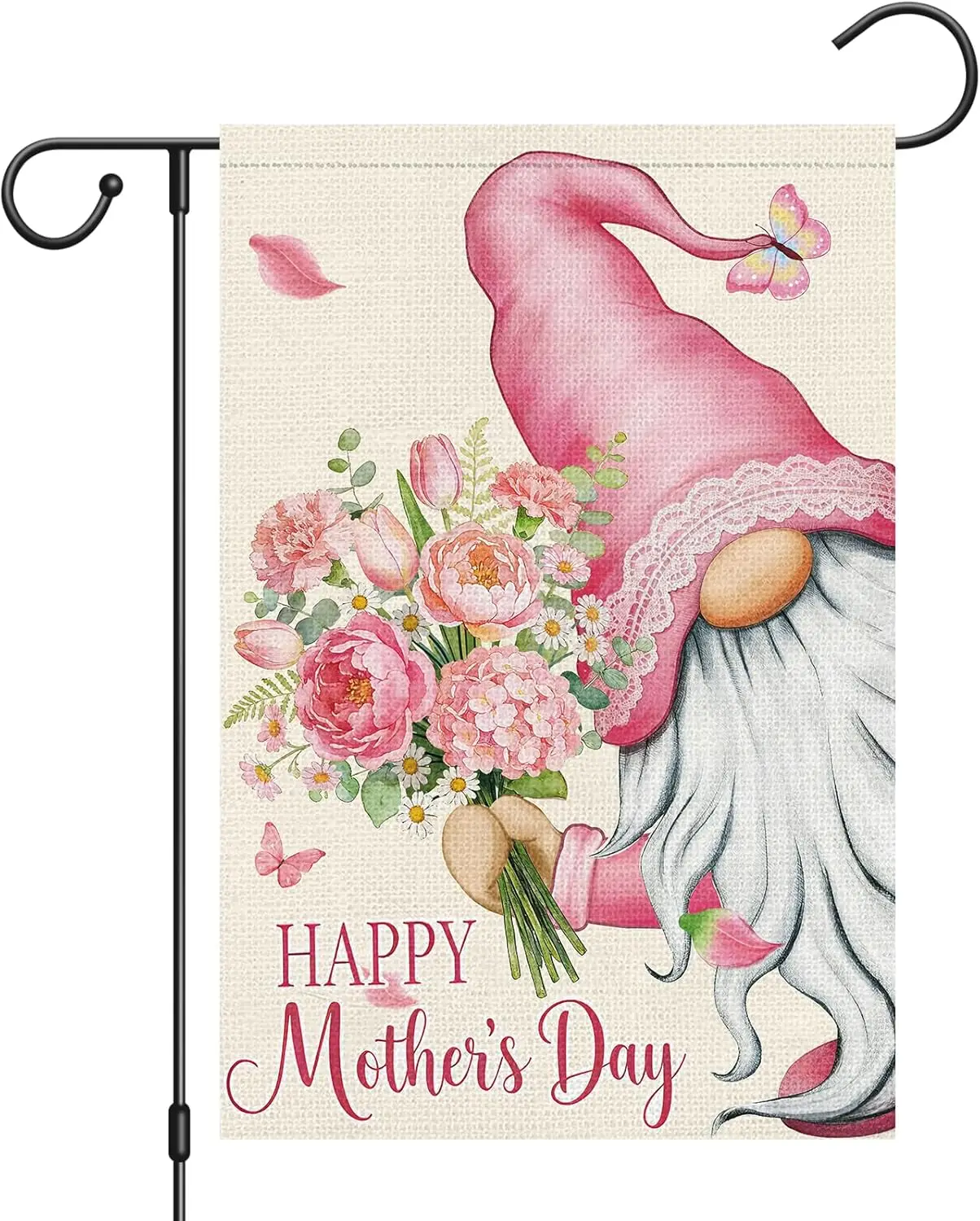 Heyfibro Happy Mother's Day Garden Flag 12x18 Double Sided Burlap, Gnome Garden Flag with Pink Floral Bouquet Yard Banne AAS