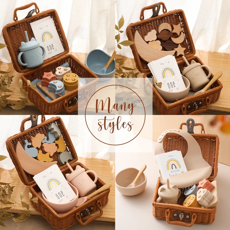 Baby Silicone Bib Cat Cup Feeding Tableware Box Set Baby Wooden Rainbow Stacker Montessori Toys Set Baby Birth Vintage Box Gifts