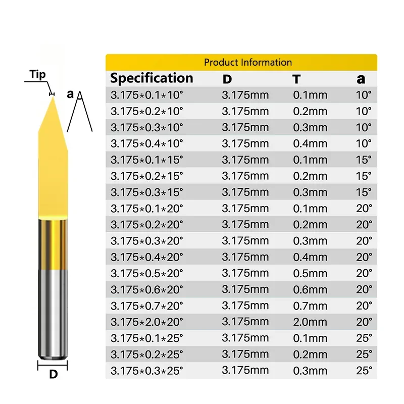 10pcs PCB Milling Cutter 10-90° V Shape Engraving Bit ，3.175mm（1/8） Shank CNC Router Bit TiN Coated Wood Cutter Carbide End Mill