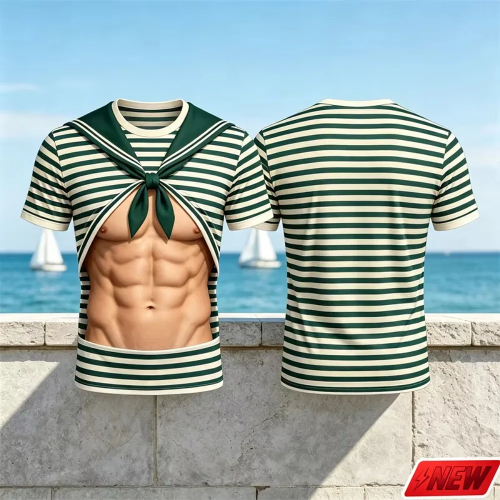 Men's 3DPrint Fake Abs Sailor Striped T-Shirt, Funny Visual Illusion Short Sleeve Tee, Party Cosplay Beach Vacation Casual Shirt