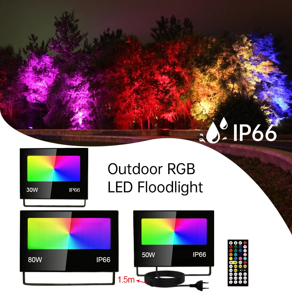 

RGB Floodlight Reflector 110V 220V 30W 50W 80W Waterproof LED Spotlight Outdoor Wall Light Remote Control Garden Lighting Decor