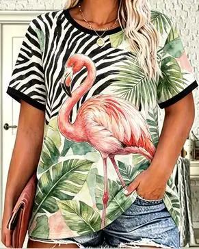 Women Tropical Flamingo Zebra Stripe Ringer Graphic T‑Shirt Palm Leaf Casual Short Sleeve Tee Top