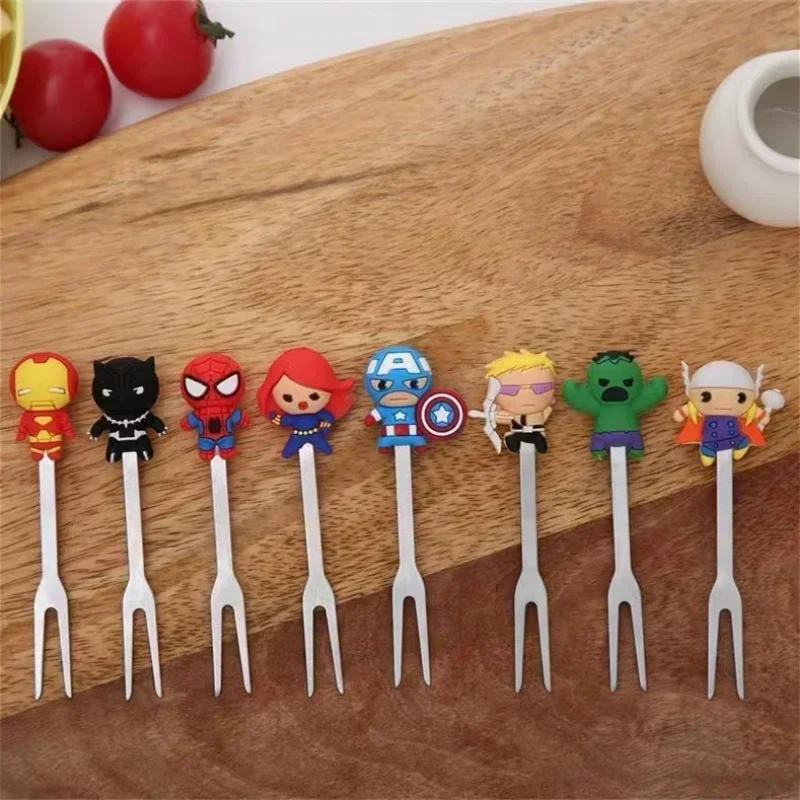 8pcs Disney Marvels Avengers Fruit Forks Set Q Version Cartoon Ironman Steve Rogers Hulk Spiderman Kids Dessert Party Fork Suit