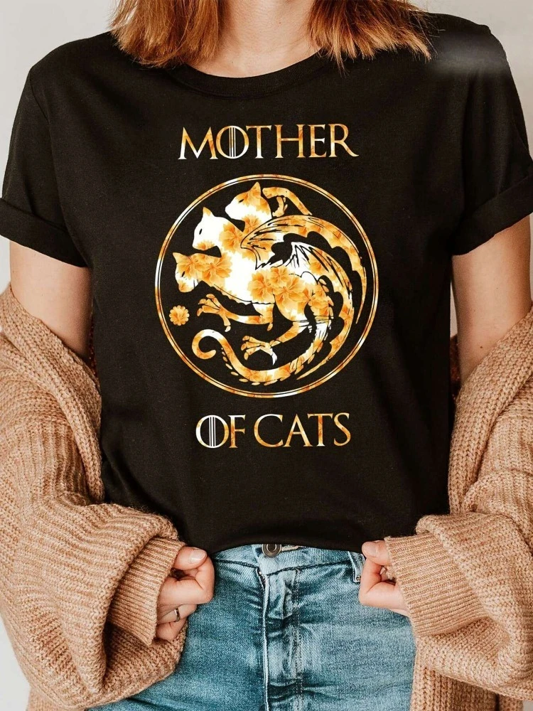 

Women's Cat Mom Print T-Shirt Golden Flower and Cat Print Crew Neck Short Sleeve Top Fashionable Loose-Fit Casual Style