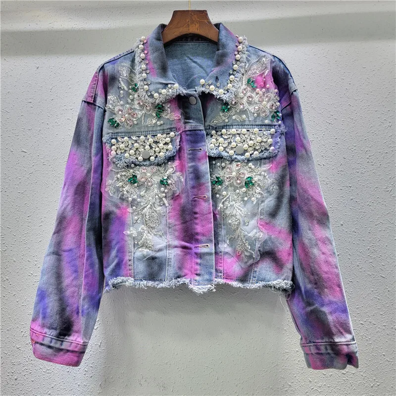 Beaded Diamond Hand-painted Graffiti Printing Short Denim Jacket Women Casual Frayed Burrs Lapel Long Sleeve Jeans Jackets Coat