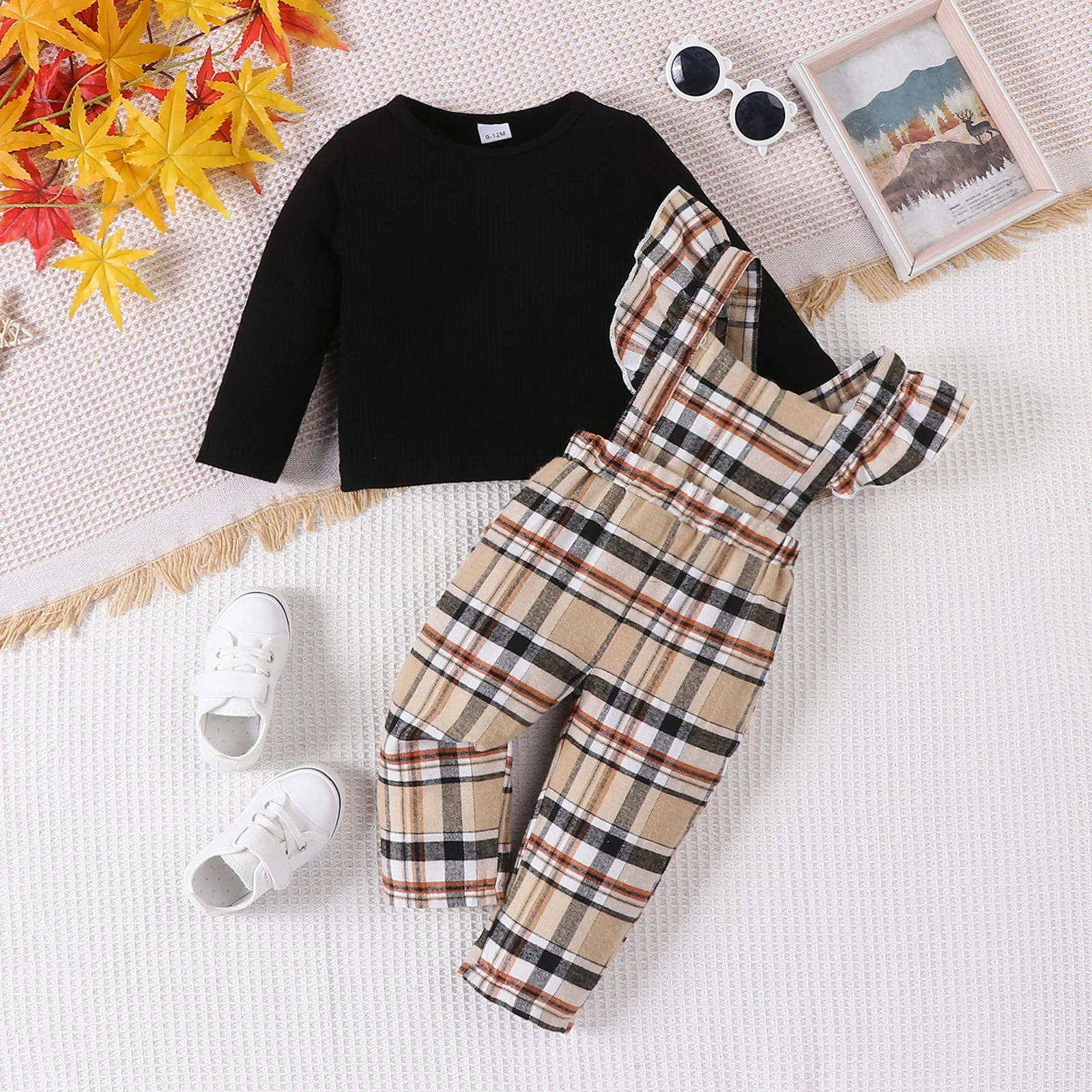 2Pcs Set 2023 Fashion Baby Girls Pure Black Long Sleeve T-shirt Casual Overalls Pants Infant Newborn Spring&Autumn Outfit