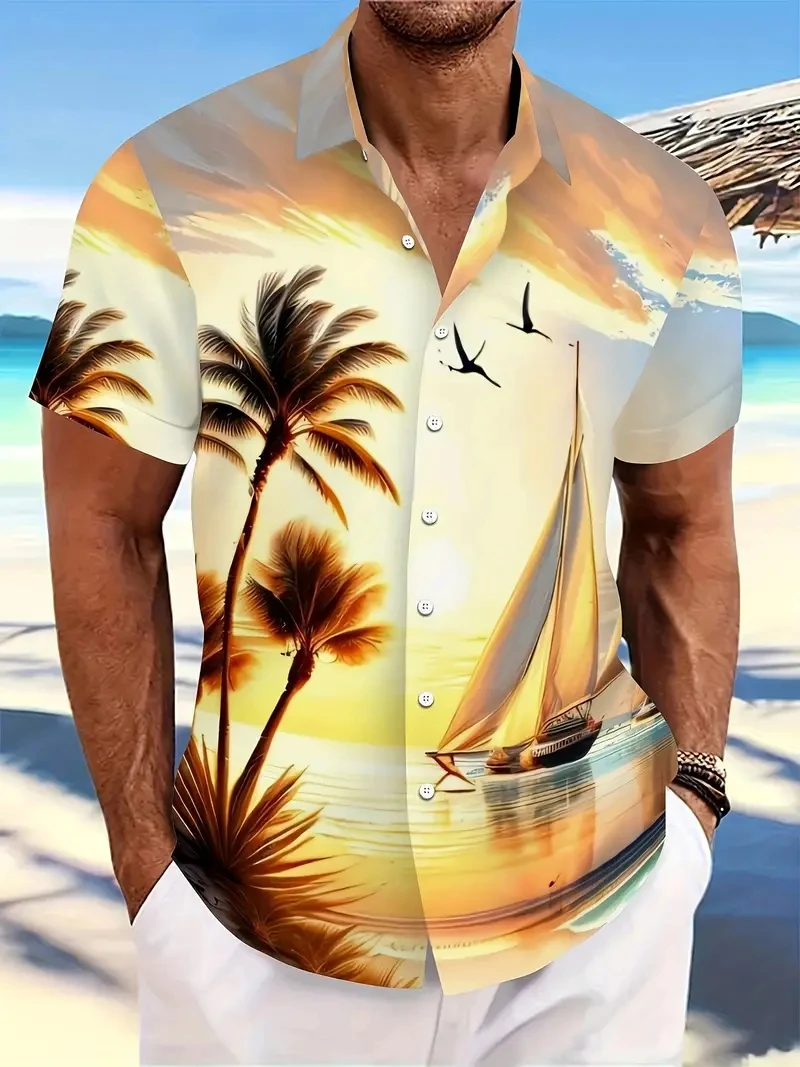 

Men's Hawaii Sunset Coconut Tree Scene Summer Hawaii Holiday Leisure Vacation Different Flowers Short Sleeve Casual Shirt