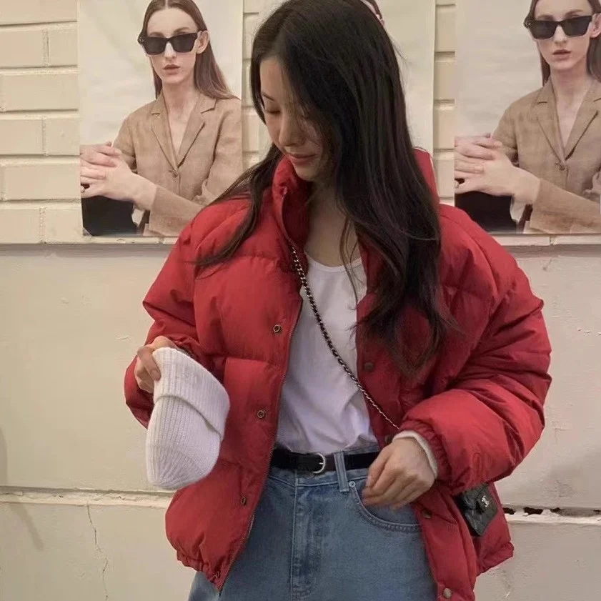 

Street Sle Loose Casual Du down Jaet Pure Color Stand Collar Bread ape Outerwear Warmth Winter Women's Coat