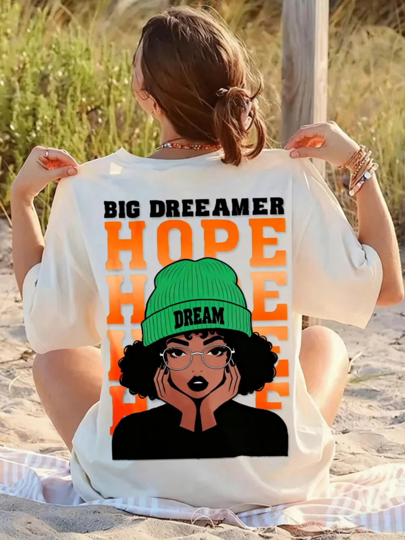 

Women's Printed T-shirt Green Hat Glasses Female Head and Round Collar Printed Summer Casual Vacation Top