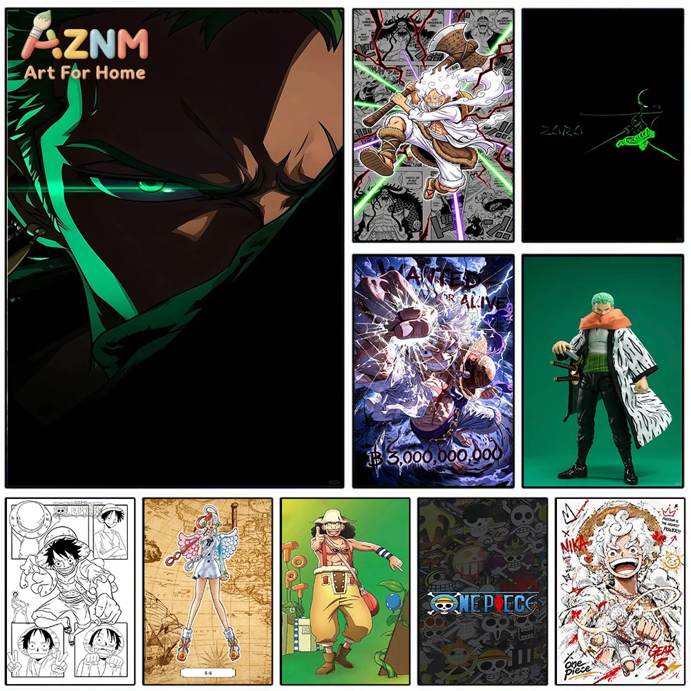 AZNM Lienzo Decorativo de Anime One Piece, Roronoa Zoro, Monkey D. Luffy Gear 5 Nika, Usopp, Uta, Impresión HD, Lienzo sin Marco, Decoración para el Hogar