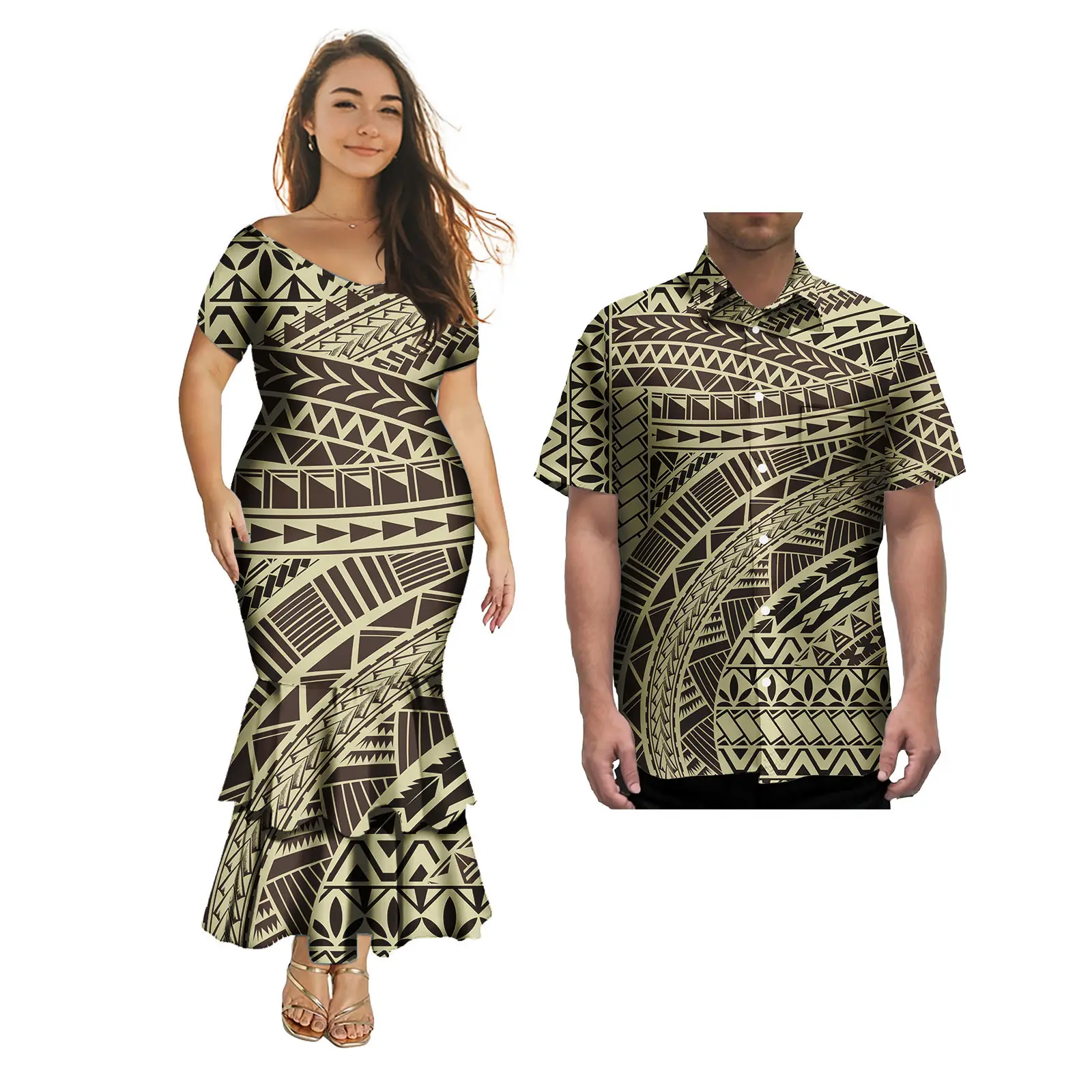 การจับคู่คู่ชุด Polynesian ออกแบบที่กําหนดเอง Elegant ผู้หญิงชุดนางเงือกและเสื้อฮาวาย Aloha เกาะคู่ 2 ชิ้นชุด