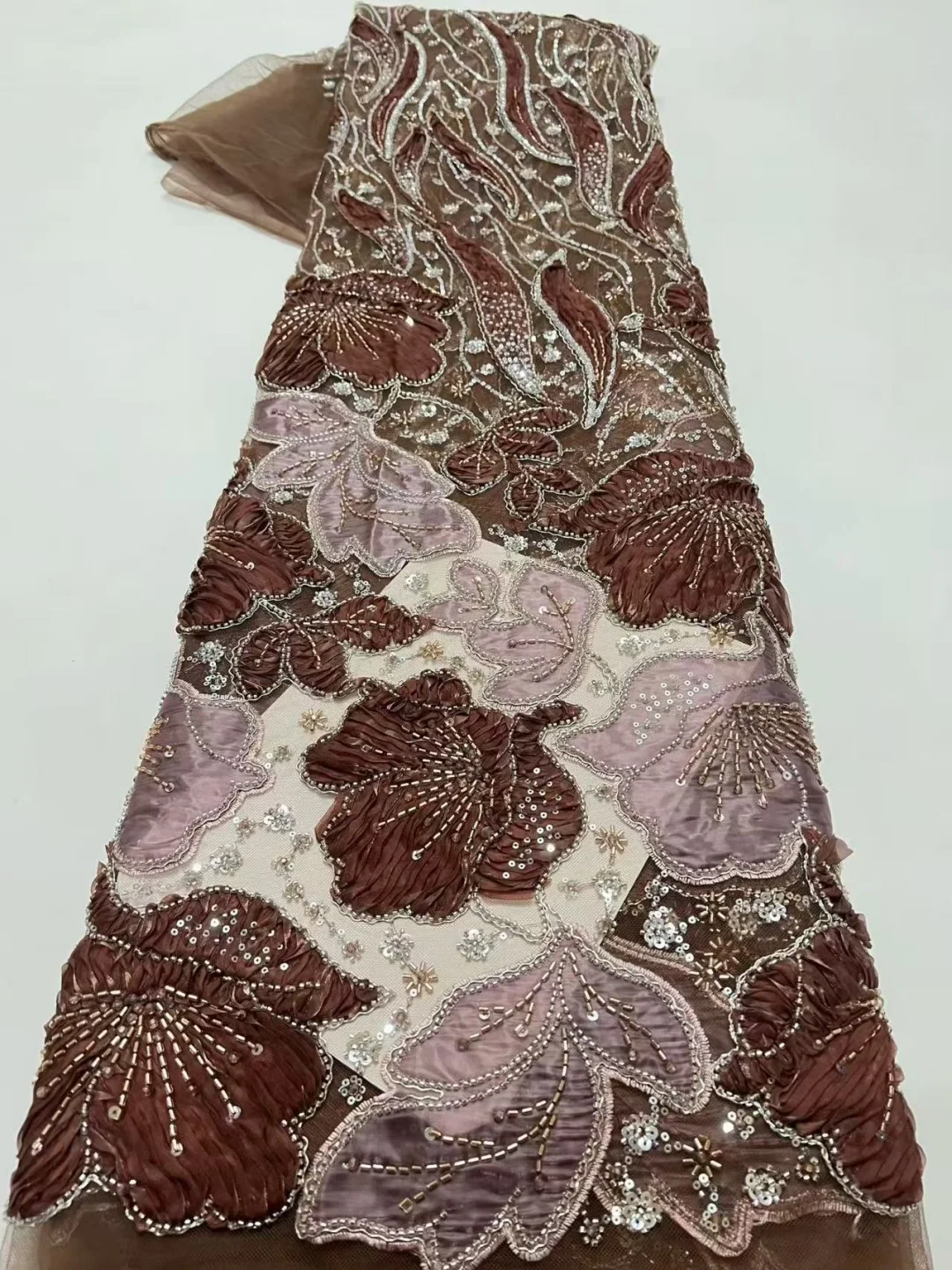 

2026 Fashion 3D Embroidered Flower Mesh Beads Fabrics Embroidered Sequins Nigerian Wedding Dress Embroidery Clothing Fabric
