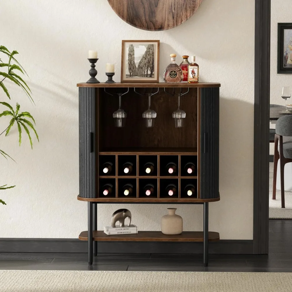 

Black Coffee Bar Cabinet with Storage, Fluted Wine Liquor Cabinet with Sliding Doors, Glass Holder and Wine Rack, Buffet Sideboa