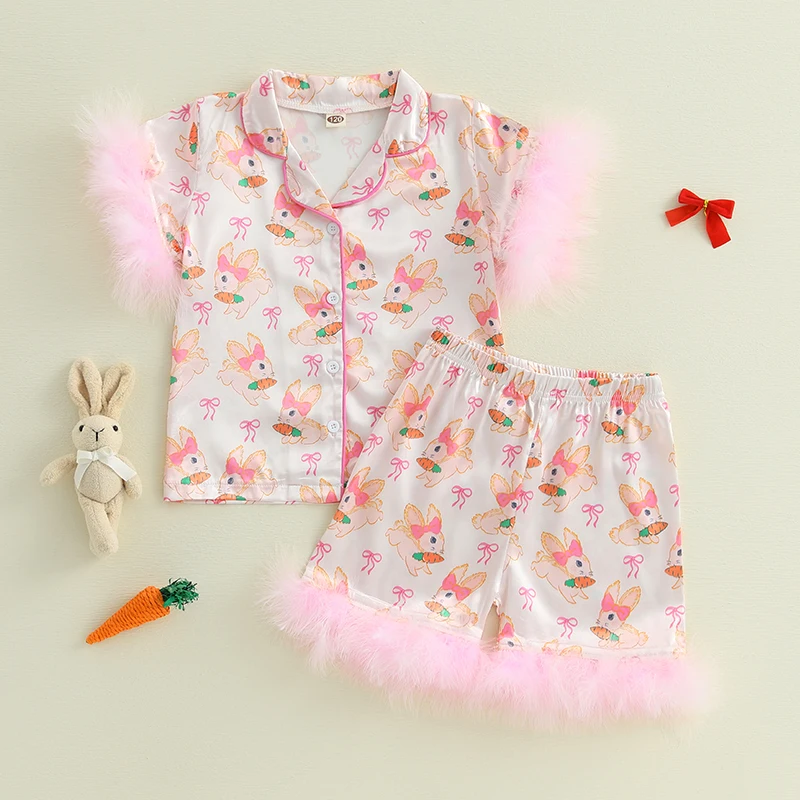 Tregren 1-6Years Kid Girl Easter Pajamas Set Bunny Print Lapel Feather Short Sleeve Button Down Tops with Shorts Satin Sleepwear