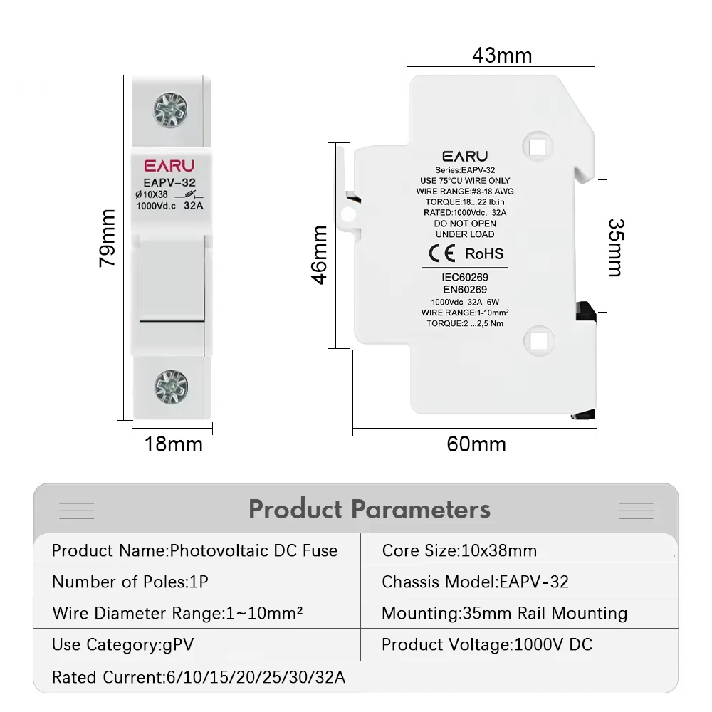 EARU Din Rail Solar Fuses DC 1000V 1500V PV Photovoltaic 20A 25A 30A Fuse Holder Base Solar System Short Circuit Protection GPV