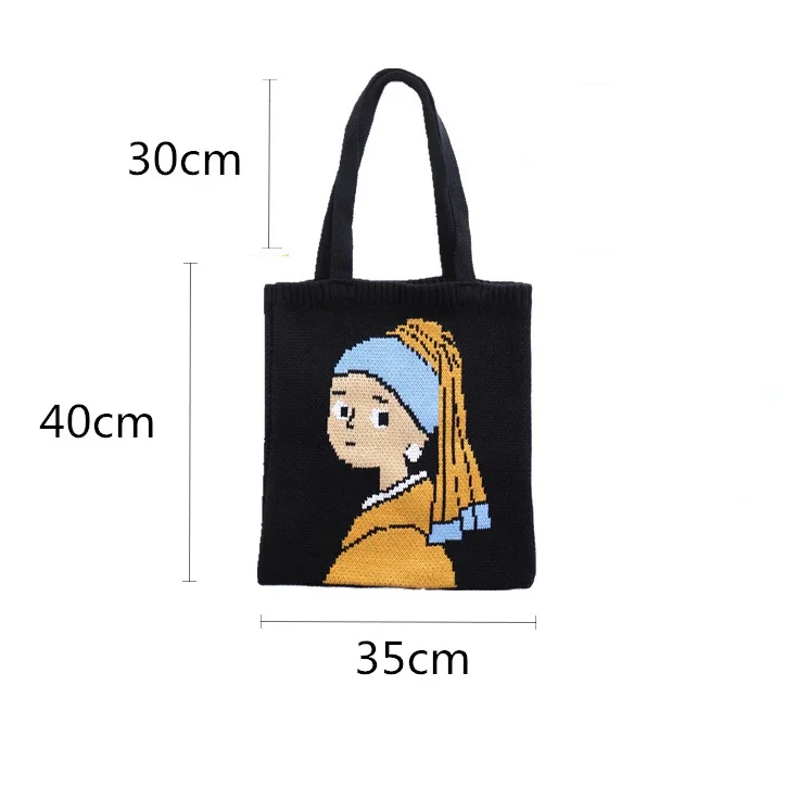 Classical Girl with A Pearl Earring Pattern Knitting Tote Bag Female Girl Fashion Anime Cute Stylish Soft Crochet Woolen Handbag