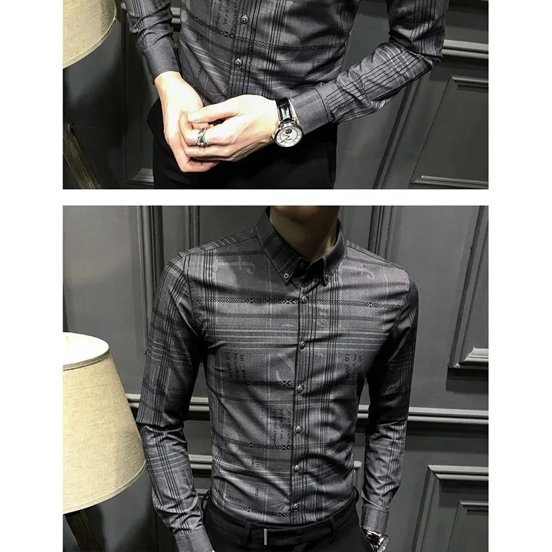 Autumn KPOP Fashion Style Harajuku Slim Fit Tops Korean Style All Match Ropa Hombre Pointed Collar Printed Long Sleeve Blusa