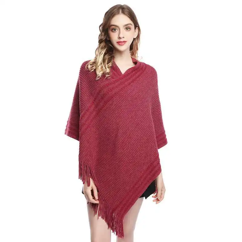 

Korean Spring Autumn Hot Selling Imitation Wool Cloak Shawl Knitted Female Tassel Warm Covering Lady Coat Watermelon Red