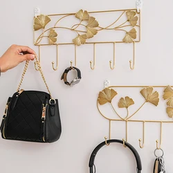 Golden Leaf Hanging Hooks Iron Art Ginkgo Wall Mounted Key Hanger Hooks Wall Decoration Storage Clothes Rack Bathroom Home Decor