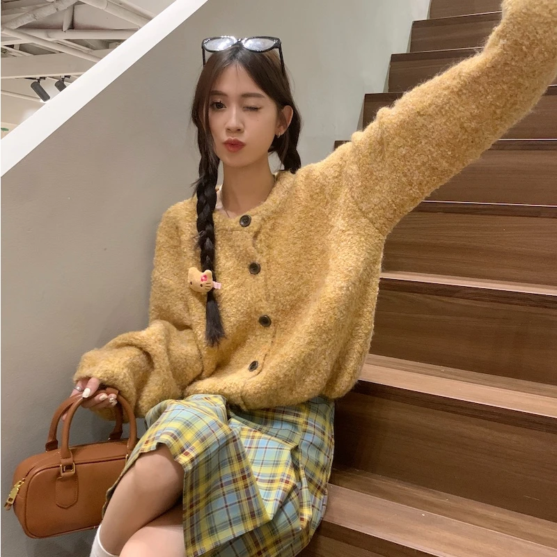 Sweet and Lovely Cardigan Women Autumn New Lazy Style Yellow Long-sleeved Knit Sweater Jacket Casual Versatile Cardigan Female